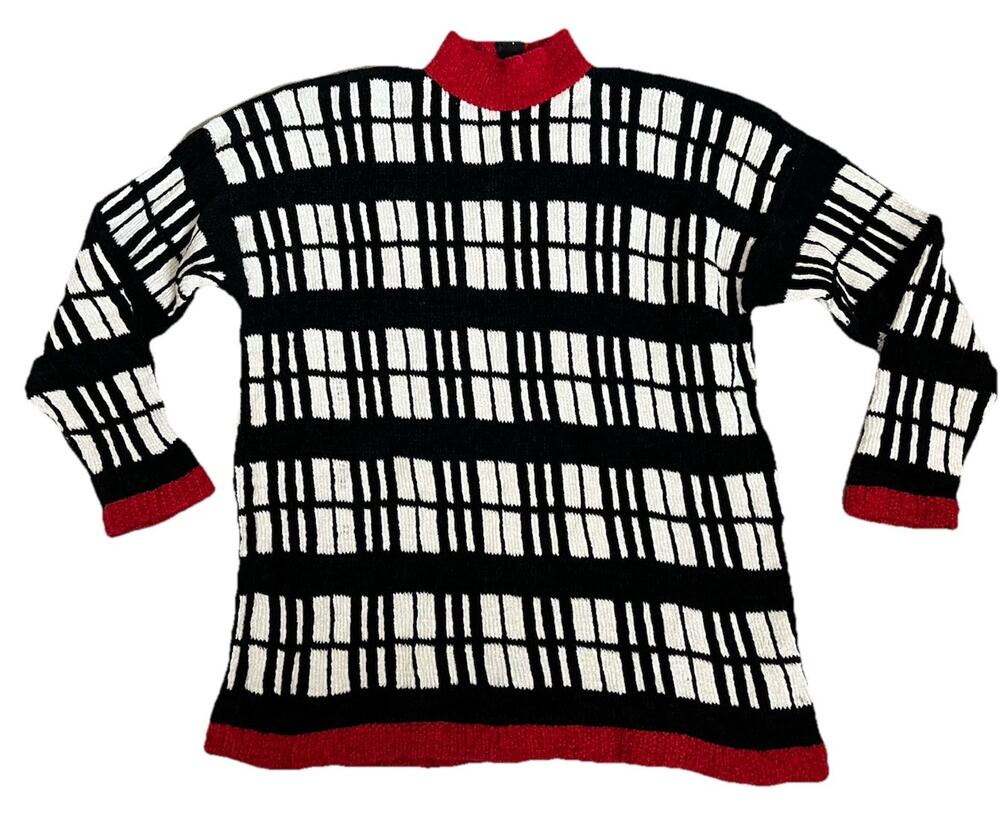 VTG 1980s Sweater Dress Geometric Art Windowpane Mod Black White Red Trim L